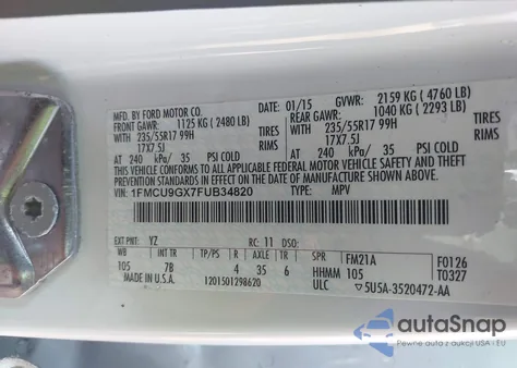 2015 Ford Escape Se z USA, uszkodzony, nr VIN 1FMCU9GX7FUB34820